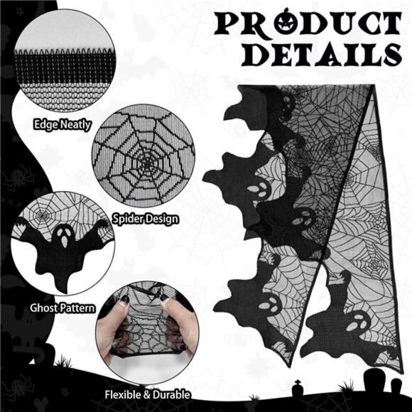 Halloween Decorations Indoor Fireplace Mantel Scarf, Black Lace Ghost Spiderweb - Picture 3 of 7